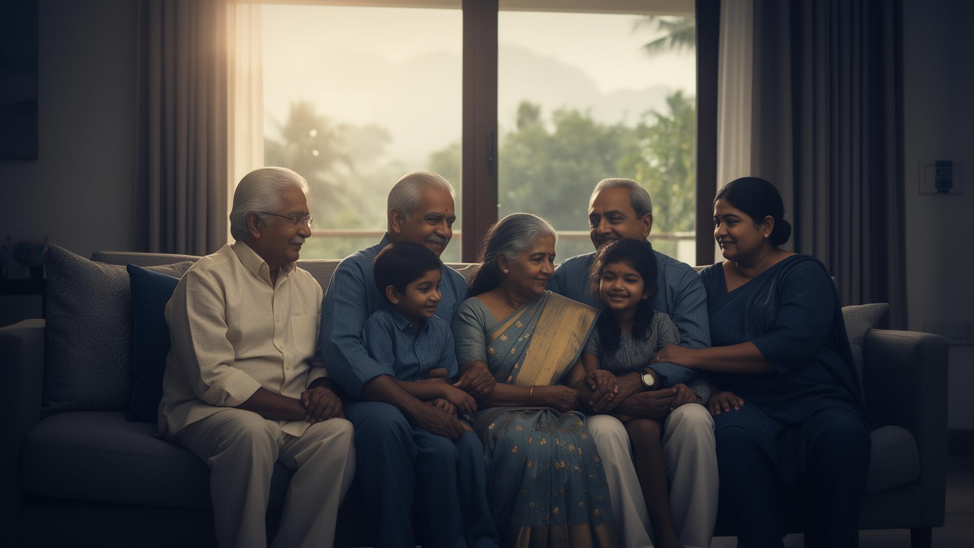 A Kerala family of three generations sitting together at home